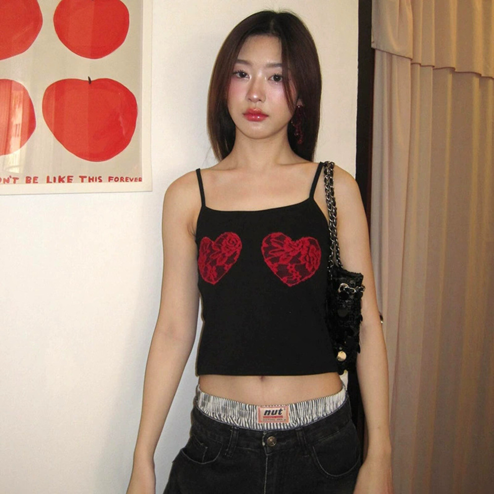 Zara Heart Lace Patchwork Strappy Crop Top Summer